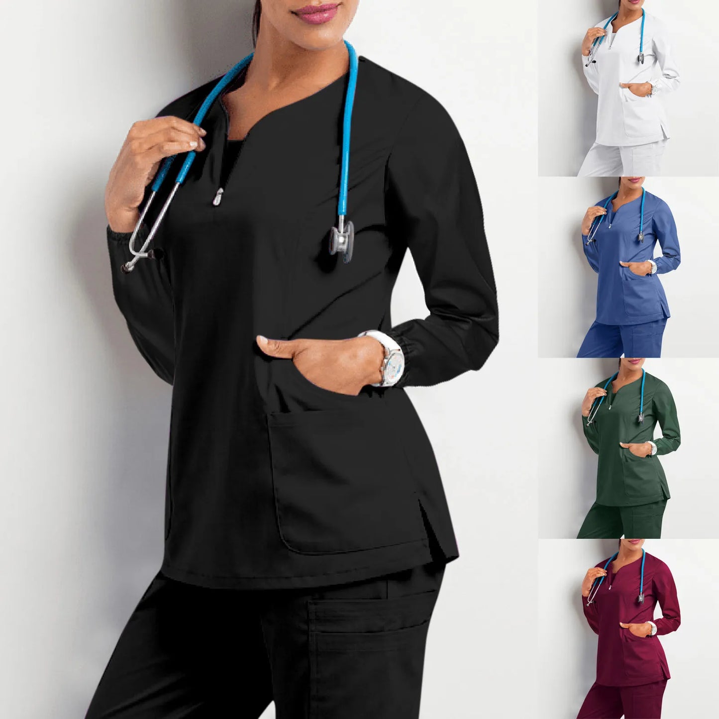 Plug Size Women Medical Unifroms Long Sleeve Scrubs Cotton Nursing Uniforms V Neck Doctor Workwear Winter Hospital Vet Overalls