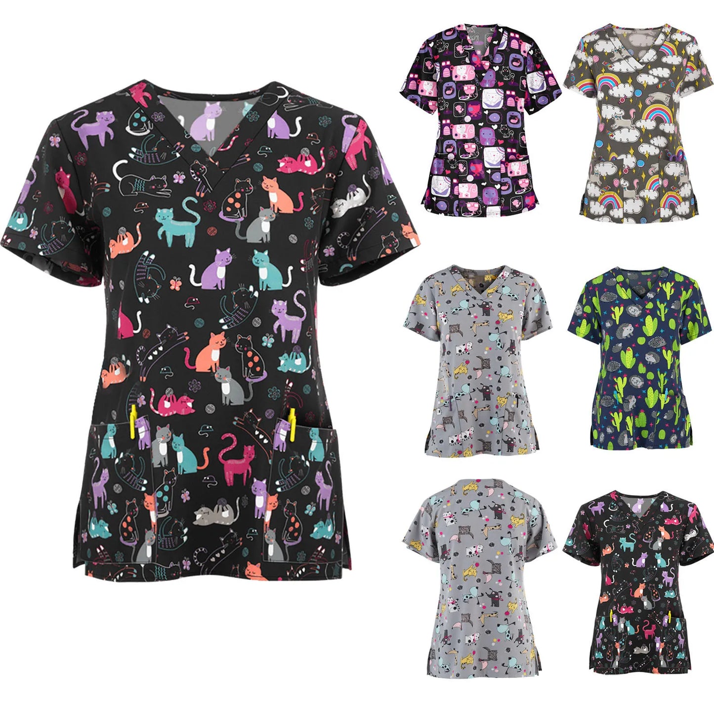 Medical uniforms Women Short Sleeve V-neck scrub Floral Printing pocket Work Wear for dentist nurse scrubs christmas uniform