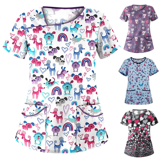 Cat Printing Scrubs Women's Stretch Scrub Top Irregular collar Scrub Top Short Sleeve butterfly Nurse Uniforms Pet Shop Workwear