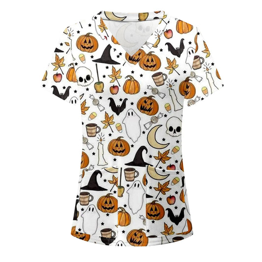 Halloween Print Nurse Uniform Women Short Sleeve V-neck Tops Healthcare Tunic Pocket Blouse Overalls Female uniforme clinico