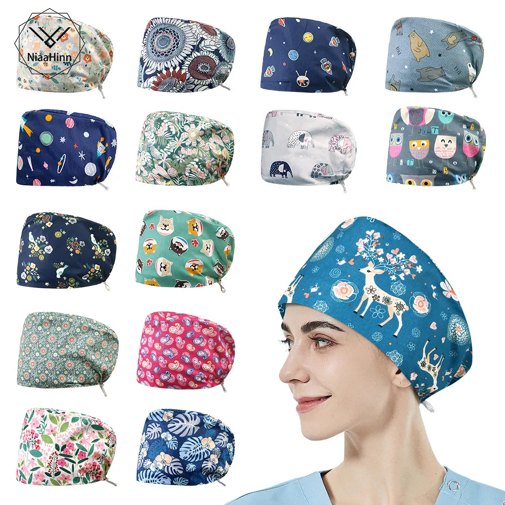 New Cotton Scrub Cap Pet Grooming Work Hat with Elastic Buckle Printing Frosted Laboratory Work Accessories Unisex Nursing Cap