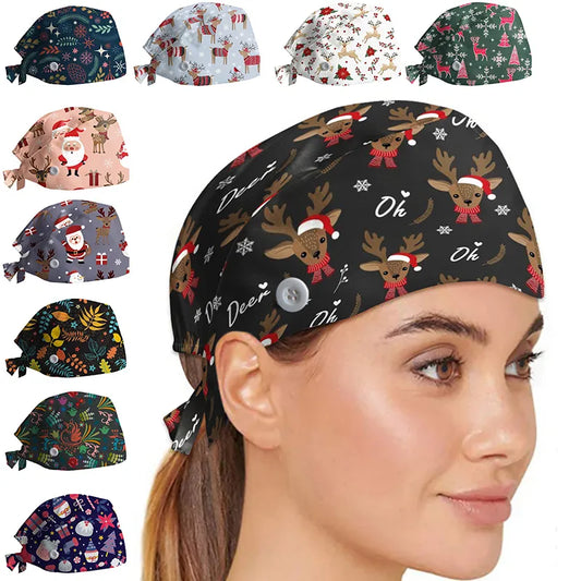 New Christmas Scrubs Caps Santa Claus Print Cap Pet Grooming Agency Work Scrubs Hat Beauty Work Hats Lab Nursing Cap