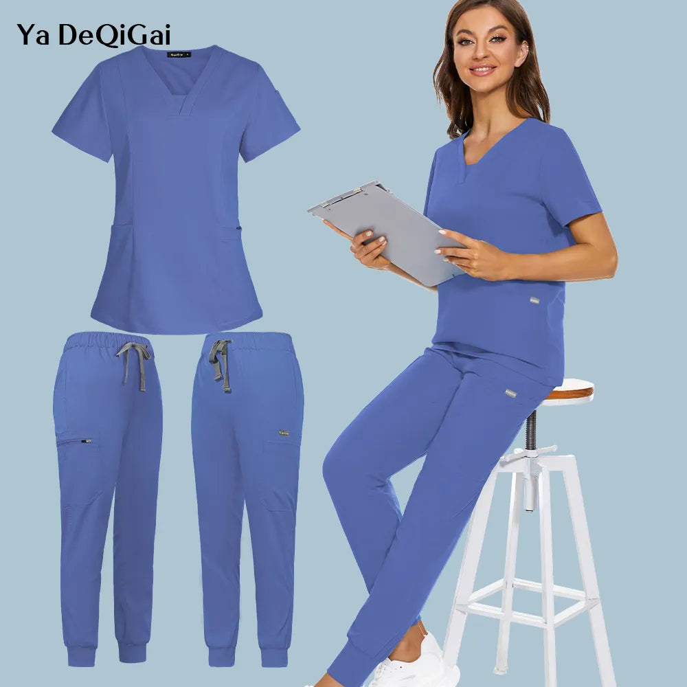 New Short Sleeve Scrubs Top With Pocket Pants Medical Nurse Uniforms Doctor Surgery Overalls Spa Outwear Beauty Salon Workwear