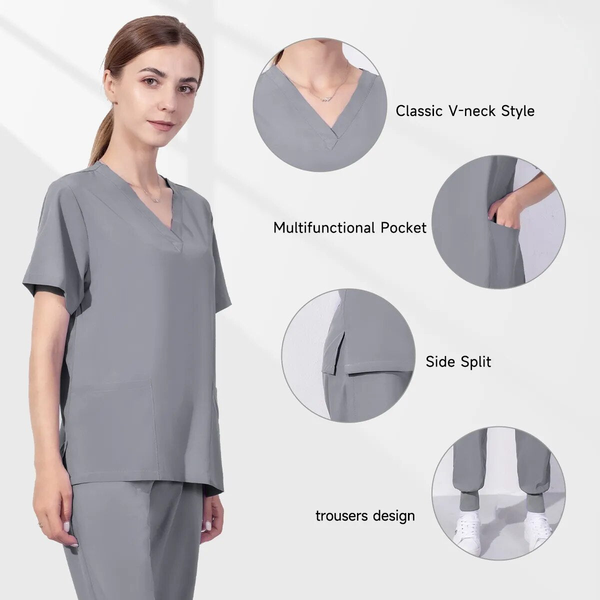 Workwear Nursing Women Scrubs Pants Elastic Wholesale Working Uniform Women Short Sleeve Neck Tops Dental Hospital Scrubs Suits