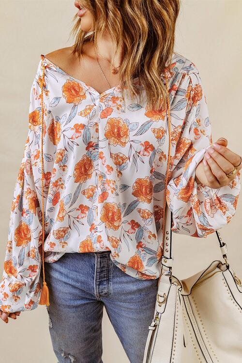 Floral Tie Neck Balloon Sleeve Blouse