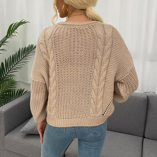 Openwork Round Neck Dropped Shoulder Sweater