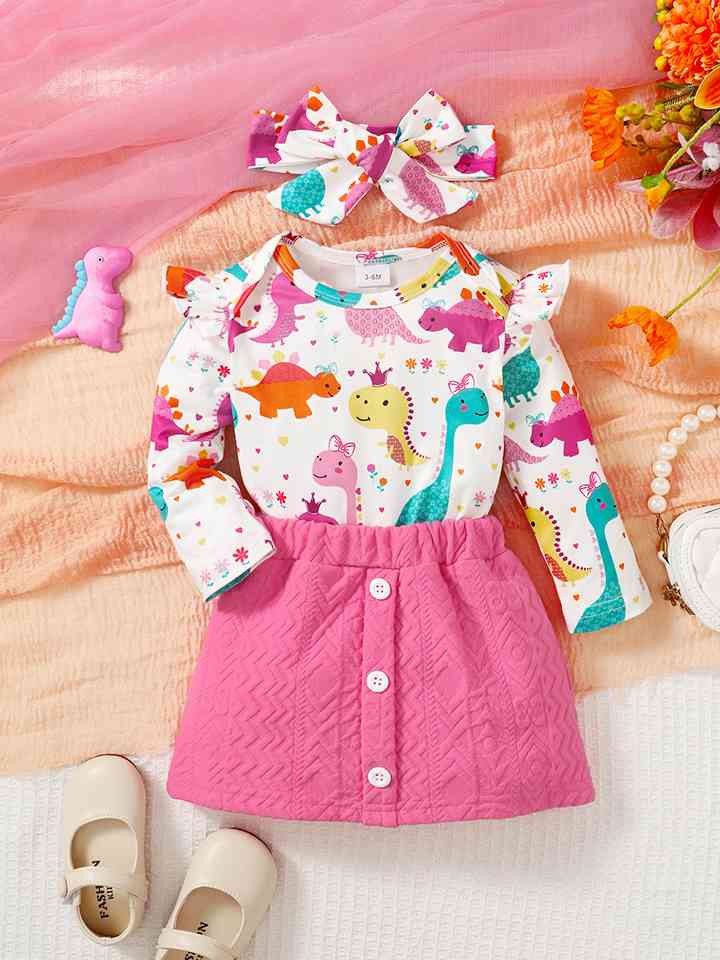 Cute Dinosaur Pattern Top and Buttoned Skirt Set