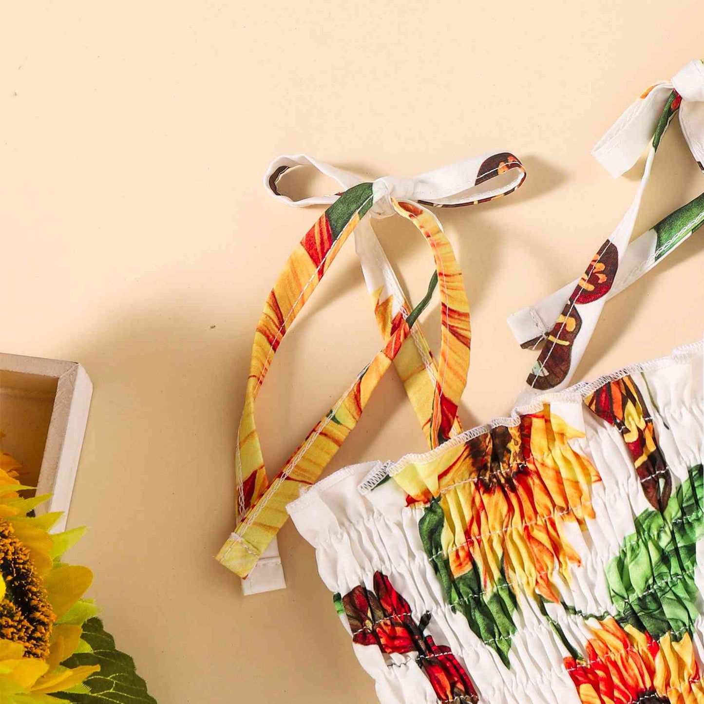 Sunflower Print Smocked Tie Shoulder Dress