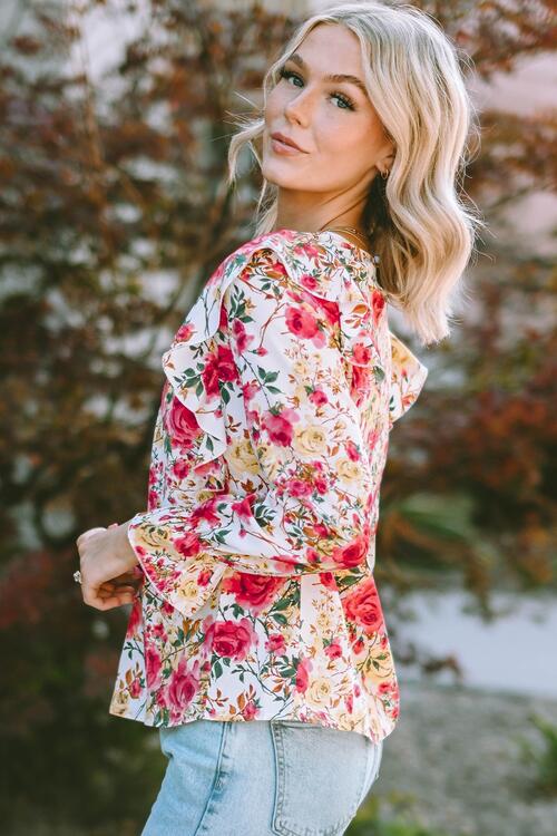 Floral Round Neck Smocked Blouse