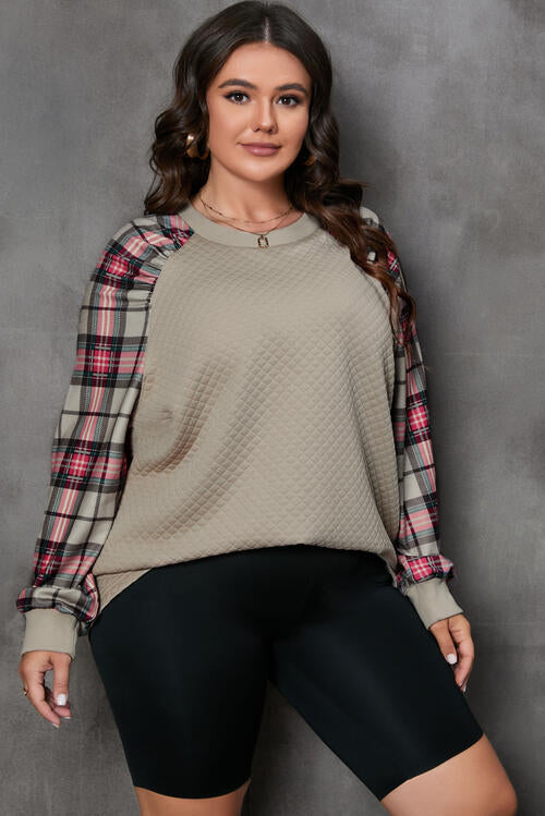 Plus Size Plaid Round Neck Long Sleeve Sweatshirt