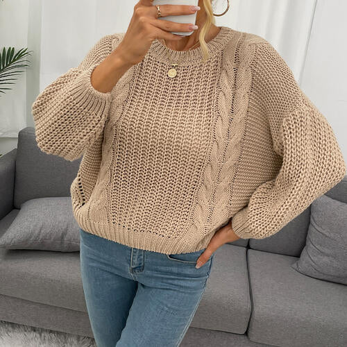 Openwork Round Neck Dropped Shoulder Sweater