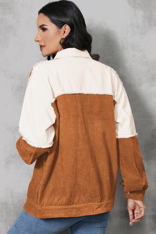 Raw Hem Color Block Button Up Jacket