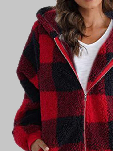 Plaid Zip-Up Hooded Jacket with Pockets