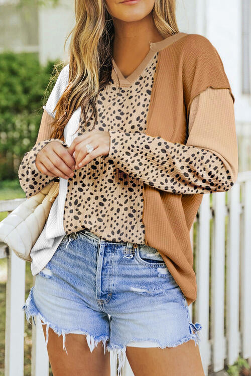 Color Block Leopard Notched Long Sleeve Blouse